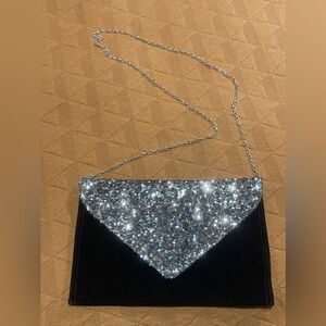 Black Velvet and Silver Envelope Clutch with Chain Strap